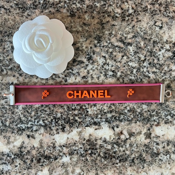Chanel Vintage Silicone and Palladium Logo Bracelet - Picture 1 of 4